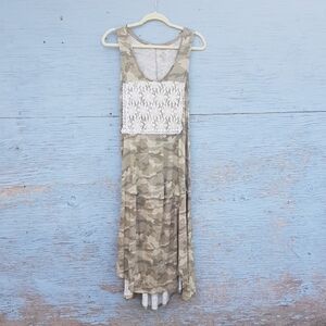 Patch & Roam light green camo high low hem flowy maxi tank dress w/ lace detail